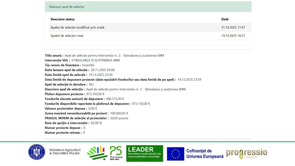 Erata la apel de selecție 1 din 2025 - Intervenția 3 1 lansare imm actualizare erata